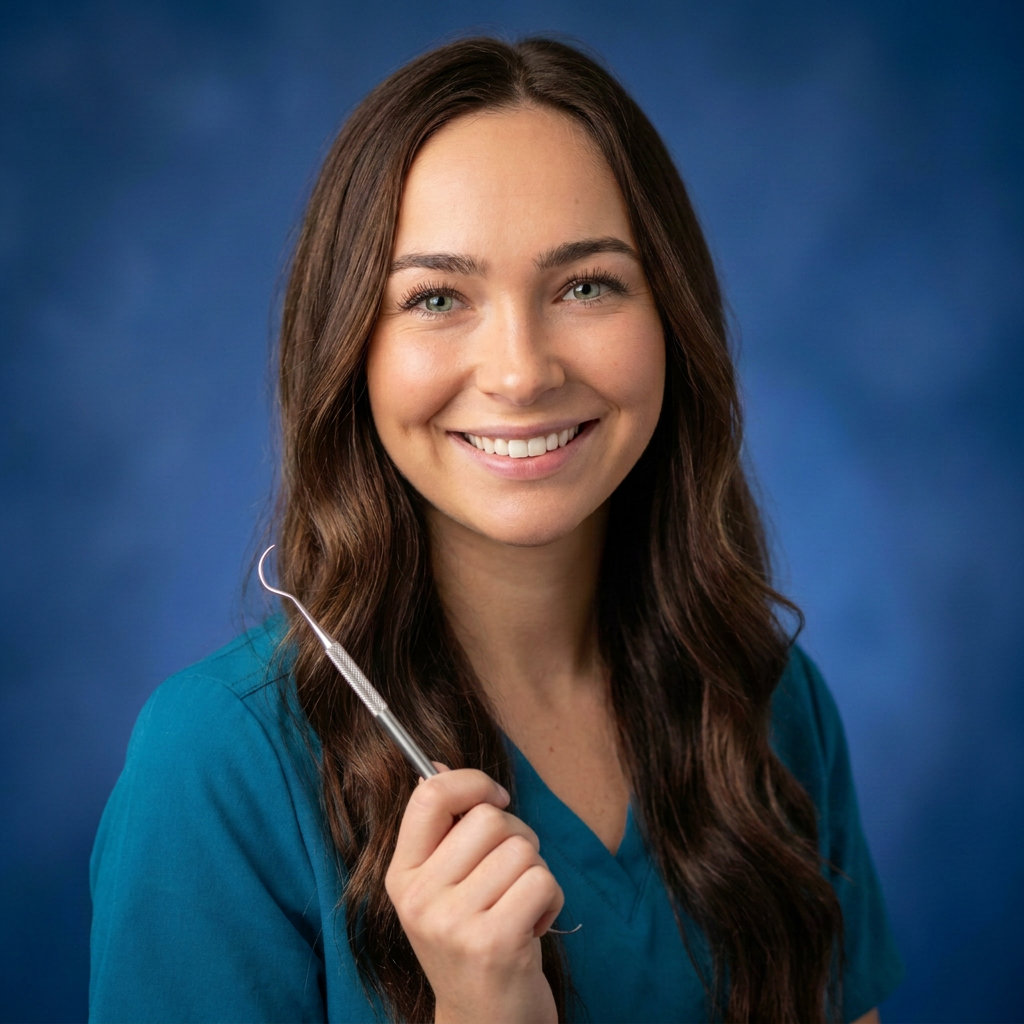 Chanelle Edward in teal scrubs holding a dental scaler